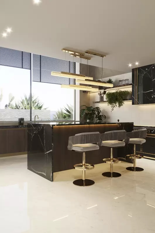 Sleek Gold And Marble Pendant Light with Minimalist Design, Perfect for Enhancing Modern Dining Areas And Contemporary Spaces