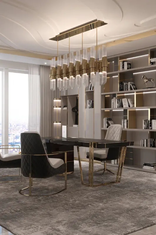 Sleek Gold And Glass Linear Pendant Light with Modern Geometric Design, Perfect for Adding A Touch of Elegance To Dining Rooms And Contemporary Interiors