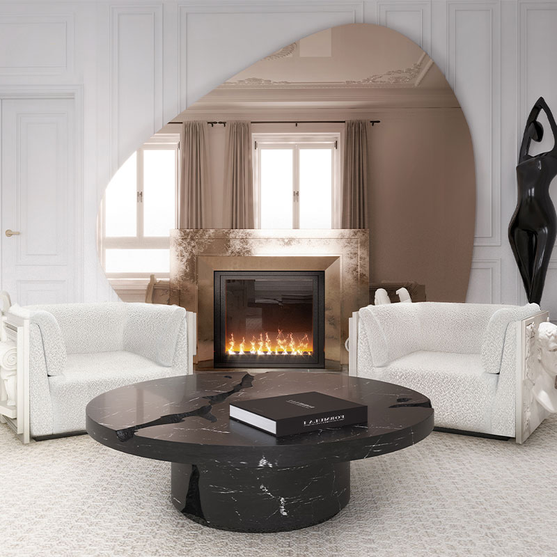 Factory Direct Luxury Wooden Round Coffee Table with Gold Foil Inlay – Sofa End Table for Villa Living Room