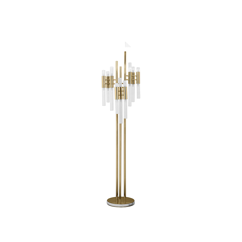 Sleek Multi-Arm Floor Lamp with Gold Accents And Clear Glass Tubes for Contemporary Home Lighting