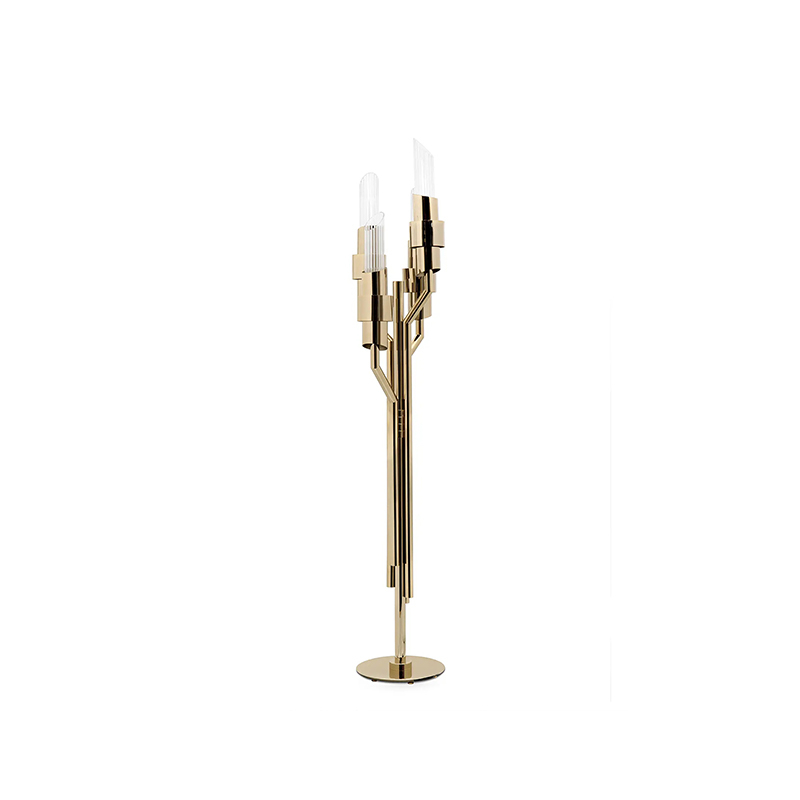 Contemporary Three-Arm Floor Lamp with Gold Accents And Clear Glass Tubes for Stylish Home Lighting