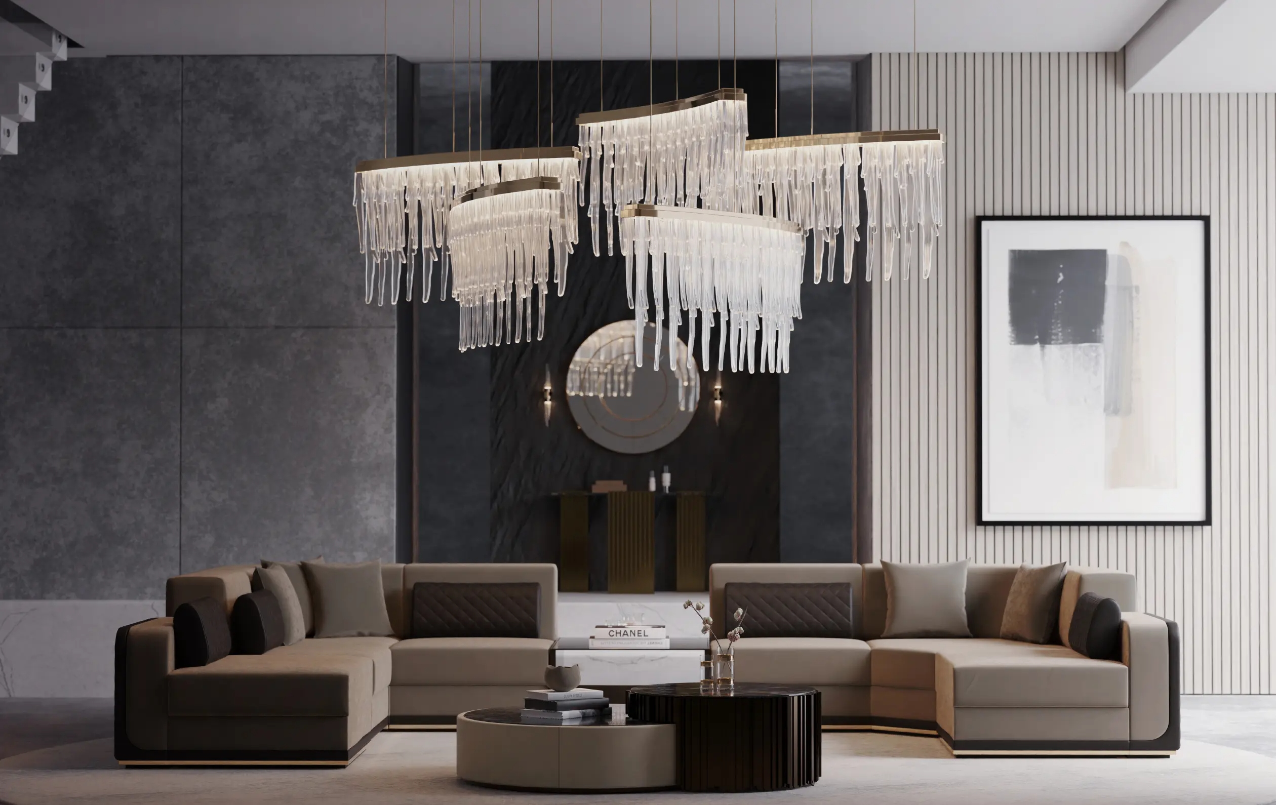 Stylish Gold And Crystal Pendant Light with Curved Design, Perfect for Contemporary Dining And Living Room Spaces, Adding A Touch of Elegance And Sophistication