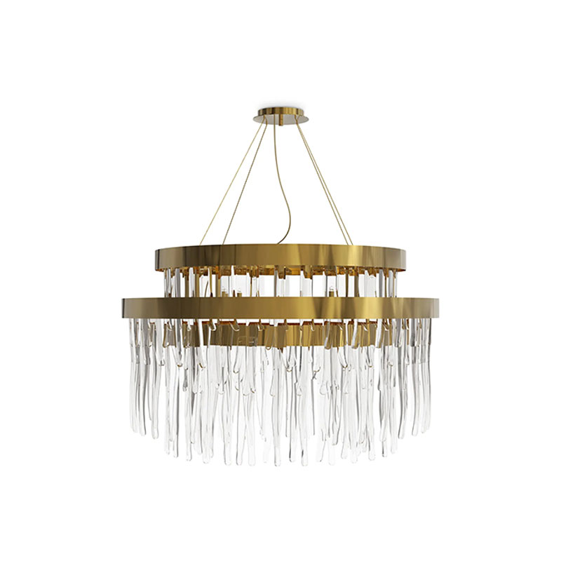Stunning Double-Tier Gold And Crystal Pendant Light with Elegant Dripping Design, Perfect for Modern Dining And Living Room Spaces, Enhancing Sophistication And Style