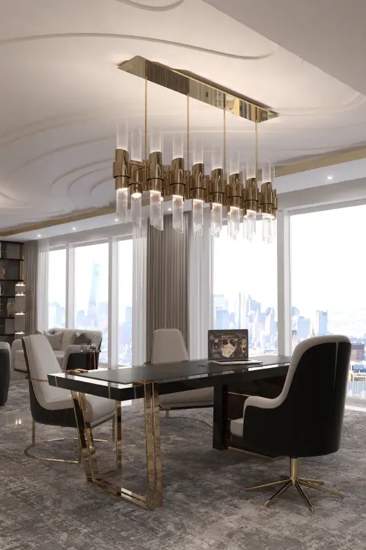 Sleek Gold And Glass Linear Pendant Light with Modern Geometric Design, Perfect for Adding A Touch of Elegance To Dining Rooms And Contemporary Interiors