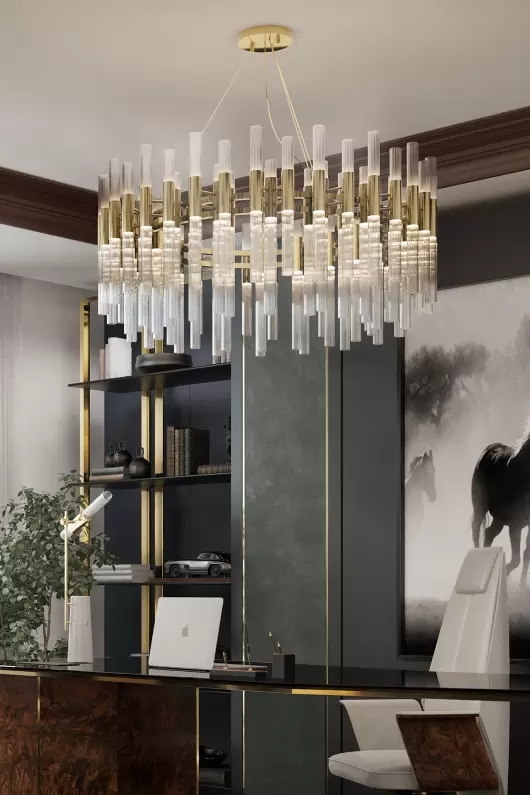 Sophisticated Gold And Clear Glass Pendant Light with Modern Tubular Design, Perfect for Elevating Dining Rooms And Contemporary Living Spaces