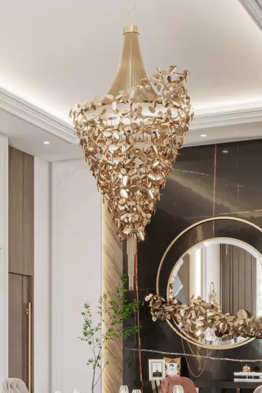 Elegant Heart-Shaped Chandelier with Cascading Golden Leaves And Textured Fringe for Artistic Home Lighting