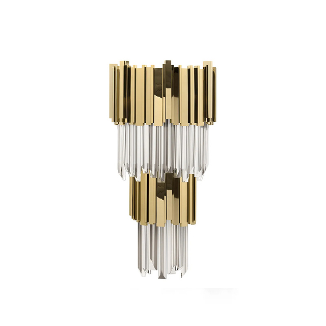 Opulent Gold And Clear Crystal Wall Lamp with Luxurious Tiered Design, Ideal for Sophisticated Ambient Lighting in Elegant Spaces