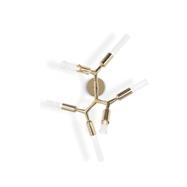 Modern Geometric Gold Wall Sconce with Angular Arms And Cylindrical Glass Shades - Contemporary Elegance for Any Room