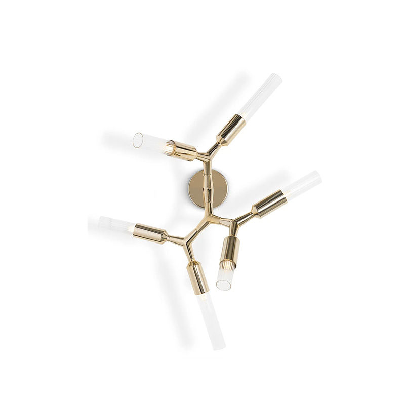 Modern Geometric Gold Wall Sconce with Angular Arms And Cylindrical Glass Shades - Contemporary Elegance for Any Room