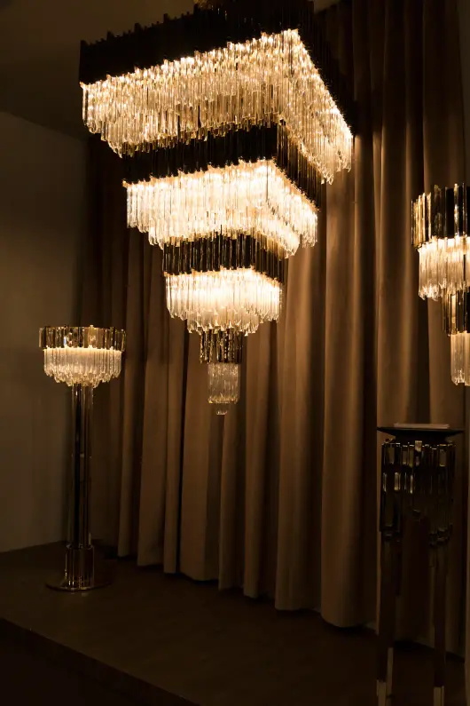 Sleek Gold And Crystal Chandelier with Square Layers for Modern Elegance in Home Lighting