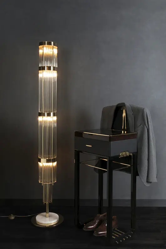 Sleek Tall Crystal Floor Lamp with Gold Accents And Geometric Design for Contemporary Home Lighting