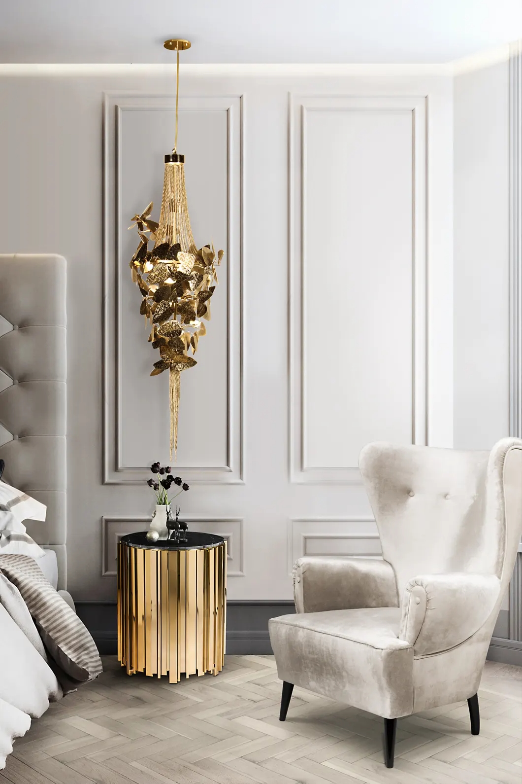 Dramatic Pendant Lamp with Hammered Brass Leaves And Crystal Accents for Bold Interior Decor