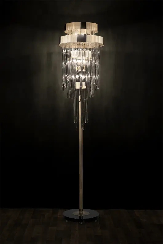 Elegant Crystal Floor Lamp with Cascading Glass Accents And Gold Base for Luxurious Home Lighting