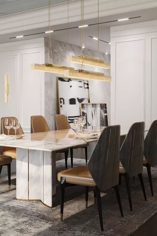 Sleek Gold And Marble Pendant Light with Minimalist Design, Perfect for Enhancing Modern Dining Areas And Contemporary Spaces