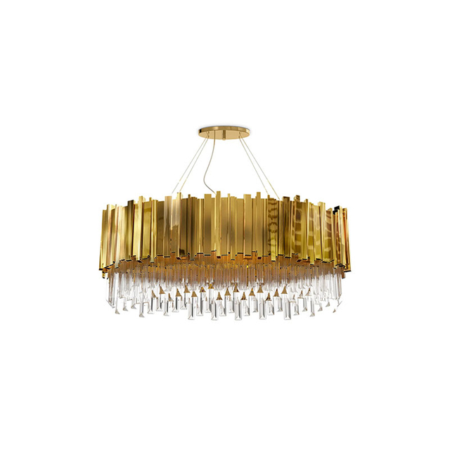 Exquisite Gold And Crystal Chandelier with Modern Layered Design And Elegant Triangular Accents, Perfect for Luxurious Dining And Living Room Spaces