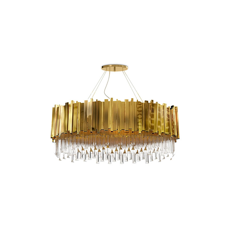 Exquisite Gold And Crystal Chandelier with Modern Layered Design And Elegant Triangular Accents, Perfect for Luxurious Dining And Living Room Spaces
