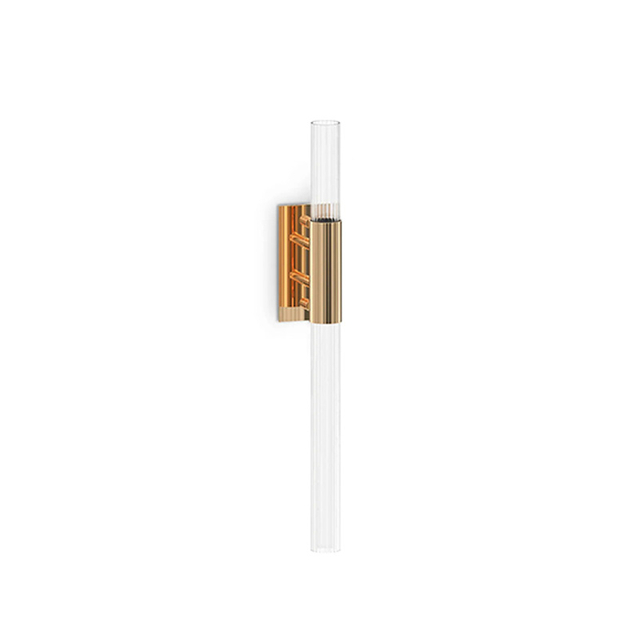 Modern Vertical Glass Cylinder Wall Sconce with Brass Accent – Elegant Lighting Fixture for Contemporary Interiors