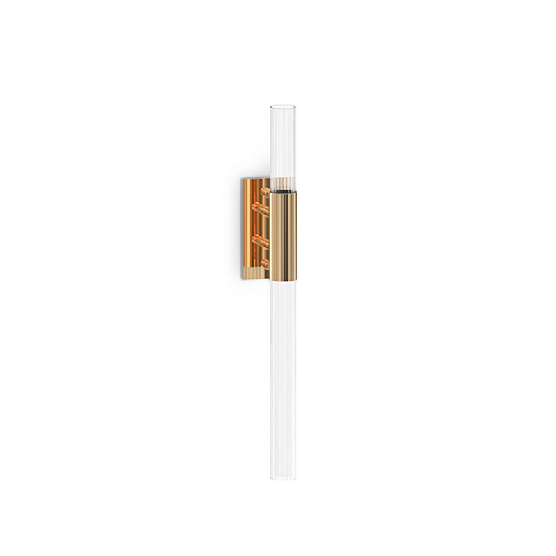Modern Vertical Glass Cylinder Wall Sconce with Brass Accent – Elegant Lighting Fixture for Contemporary Interiors