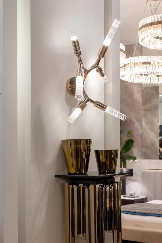 Modern Geometric Gold Wall Sconce with Angular Arms And Cylindrical Glass Shades - Contemporary Elegance for Any Room
