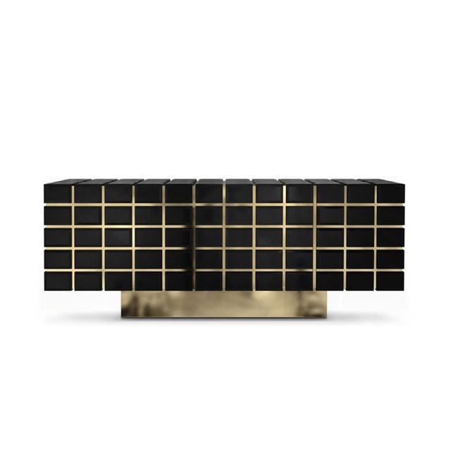 Modern Minimalist Rectangular Sideboard with Gold-Plated Stainless Steel Trim, Grid Cabinet Doors for Dining Room And Kitchen Storage