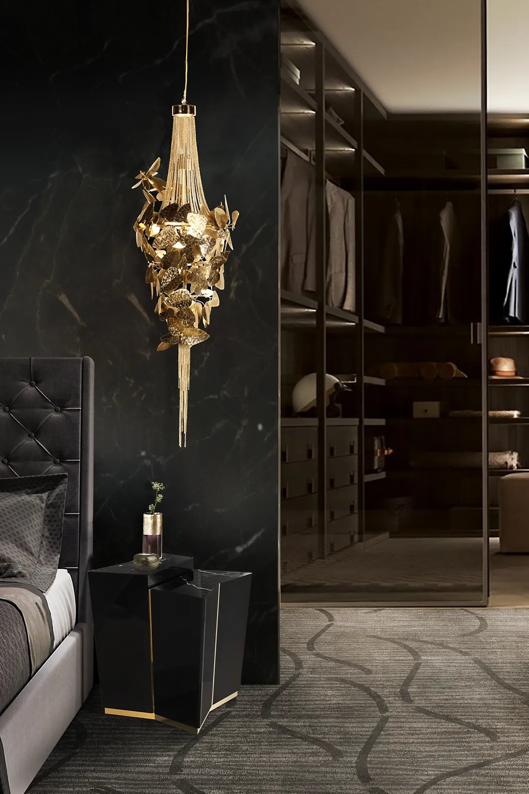 Dramatic Pendant Lamp with Hammered Brass Leaves And Crystal Accents for Bold Interior Decor