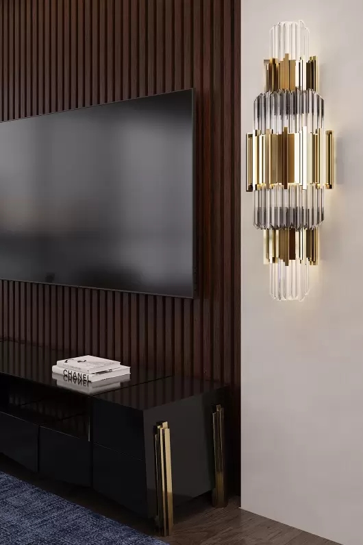 Luxurious Gold And Clear Crystal Wall Lamp with Layered Geometric Design, Perfect for Elevating Modern Interiors