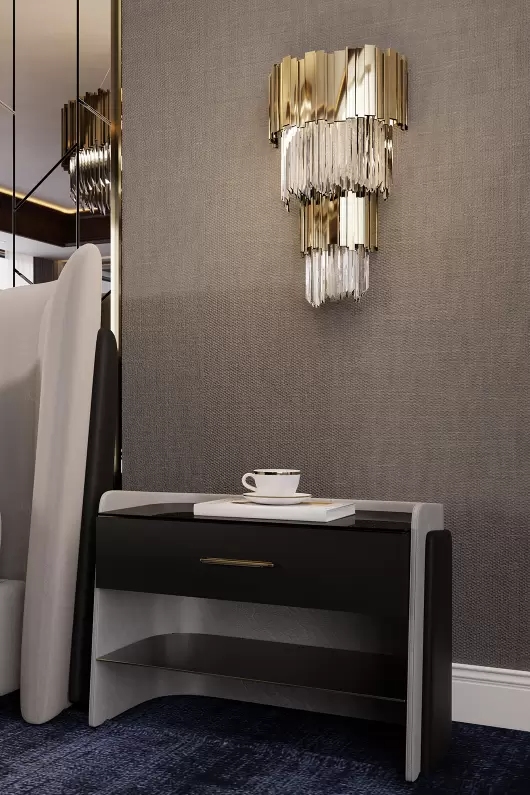 Opulent Gold And Clear Crystal Wall Lamp with Luxurious Tiered Design, Ideal for Sophisticated Ambient Lighting in Elegant Spaces