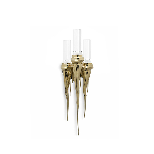 Triple Brass Sculpted Wall Sconce with Glass Shades – Elegant Modern Lighting Fixture for Luxury Homes