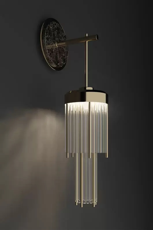 Luxury Round Marble Base Wall Light with Golden Rod and Crystal Tubes