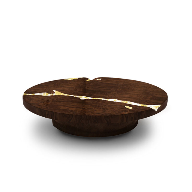 Factory Direct Luxury Wooden Round Coffee Table with Gold Foil Inlay – Sofa End Table for Villa Living Room