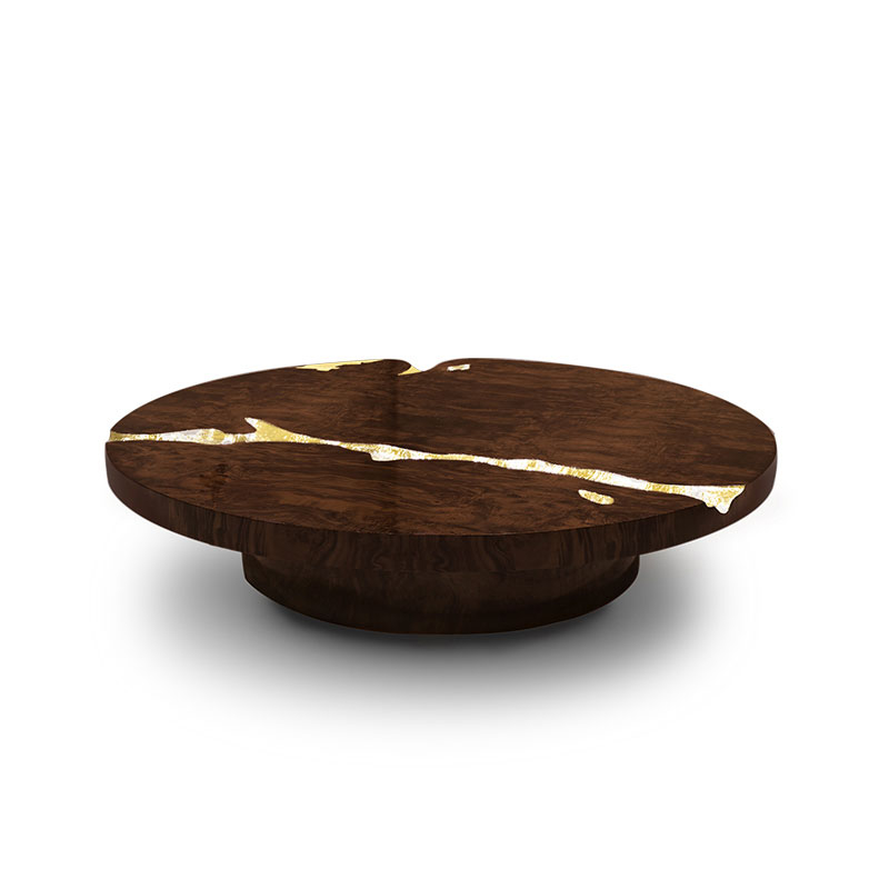 Factory Direct Luxury Wooden Round Coffee Table with Gold Foil Inlay – Sofa End Table for Villa Living Room