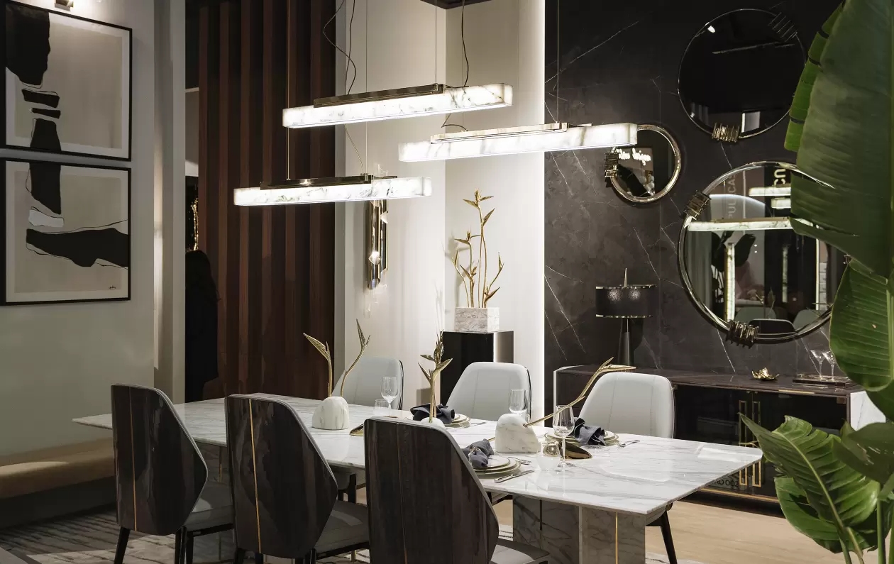 Sleek Gold And Marble Pendant Light with Minimalist Design, Perfect for Enhancing Modern Dining Areas And Contemporary Spaces