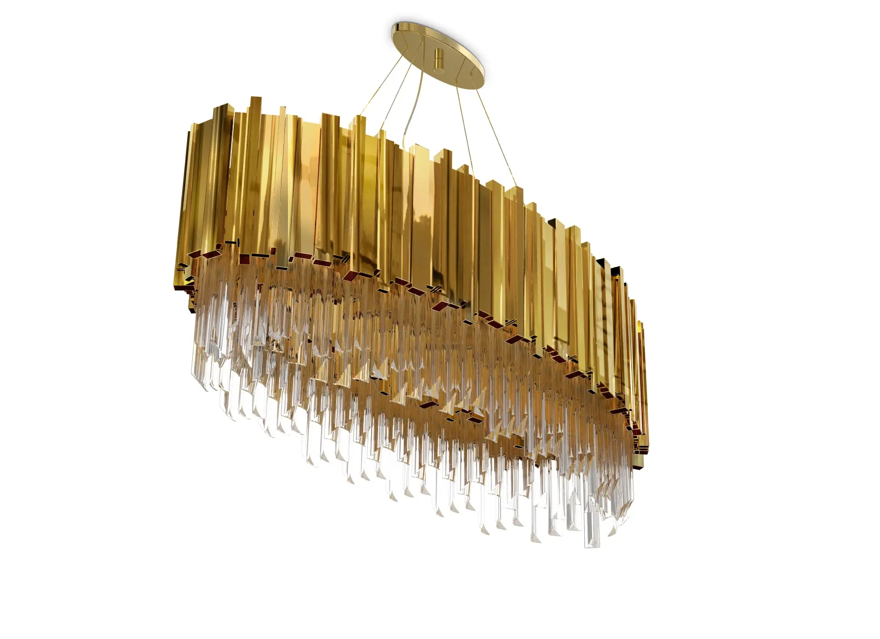 Exquisite Gold And Crystal Chandelier with Modern Layered Design And Elegant Triangular Accents, Perfect for Luxurious Dining And Living Room Spaces