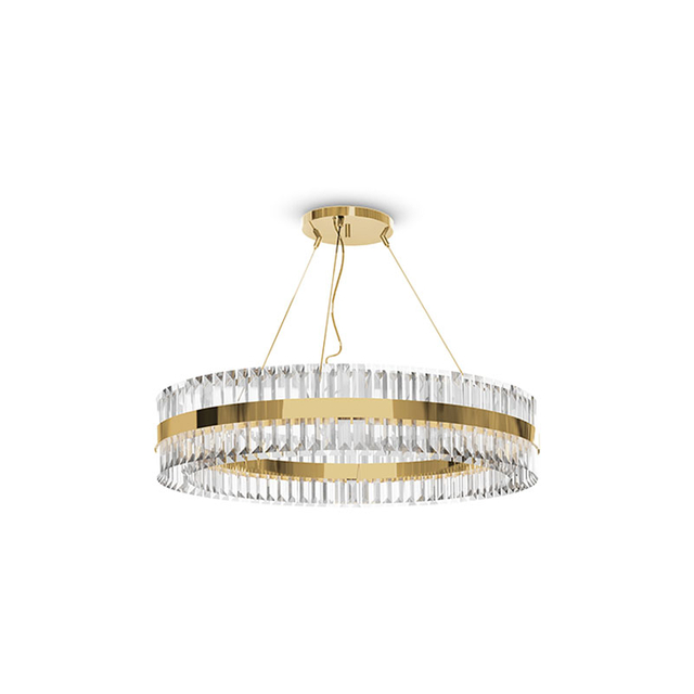 Elegant Gold And Crystal Round Pendant Light with Modern Layered Design, Ideal for Enhancing Style And Sophistication in Dining Rooms And Living Spaces
