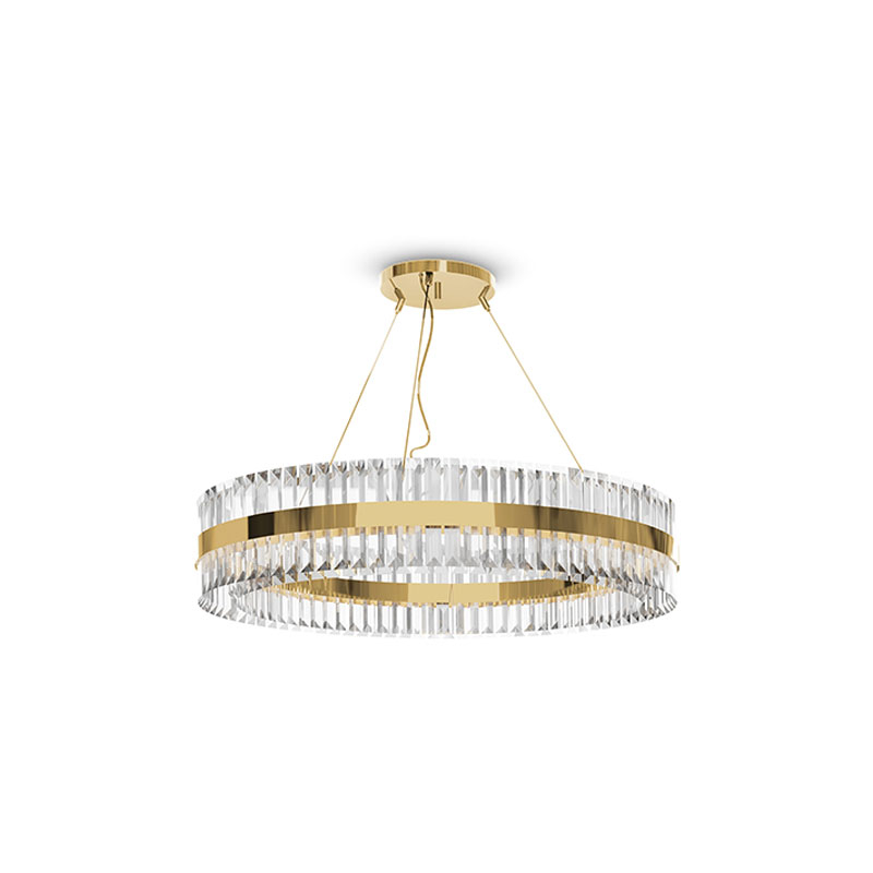 Elegant Gold And Crystal Round Pendant Light with Modern Layered Design, Ideal for Enhancing Style And Sophistication in Dining Rooms And Living Spaces