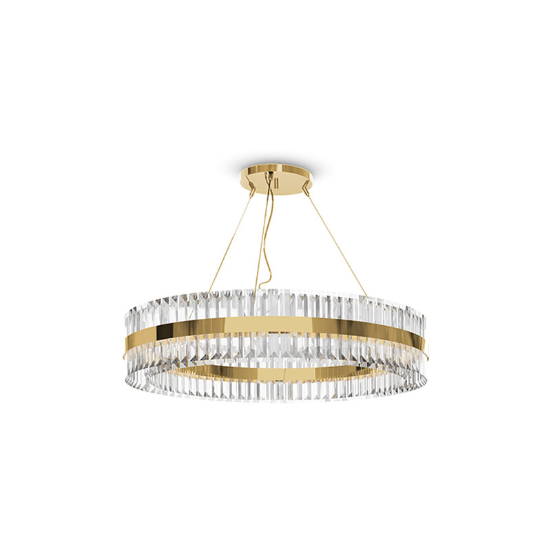 Elegant Gold And Crystal Round Pendant Light with Modern Layered Design, Ideal for Enhancing Style And Sophistication in Dining Rooms And Living Spaces