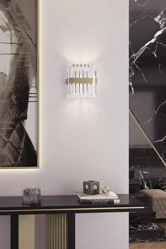 Refined Clear Crystal Wall Sconce with Gold Band Accent, Perfect for Illuminating Contemporary And Elegant Settings