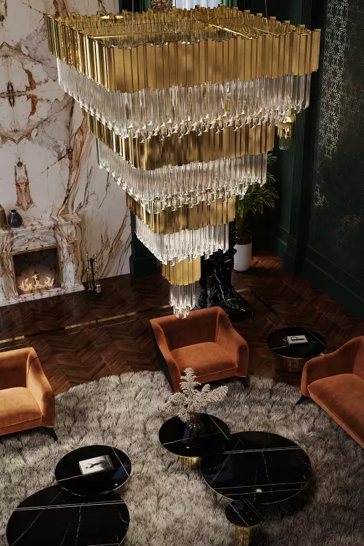 Sleek Gold And Crystal Chandelier with Square Layers for Modern Elegance in Home Lighting