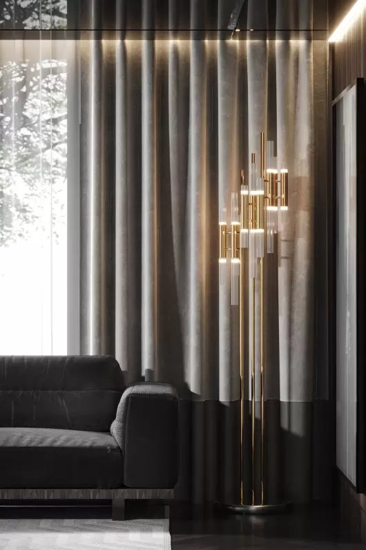 Sleek Multi-Arm Floor Lamp with Gold Accents And Clear Glass Tubes for Contemporary Home Lighting