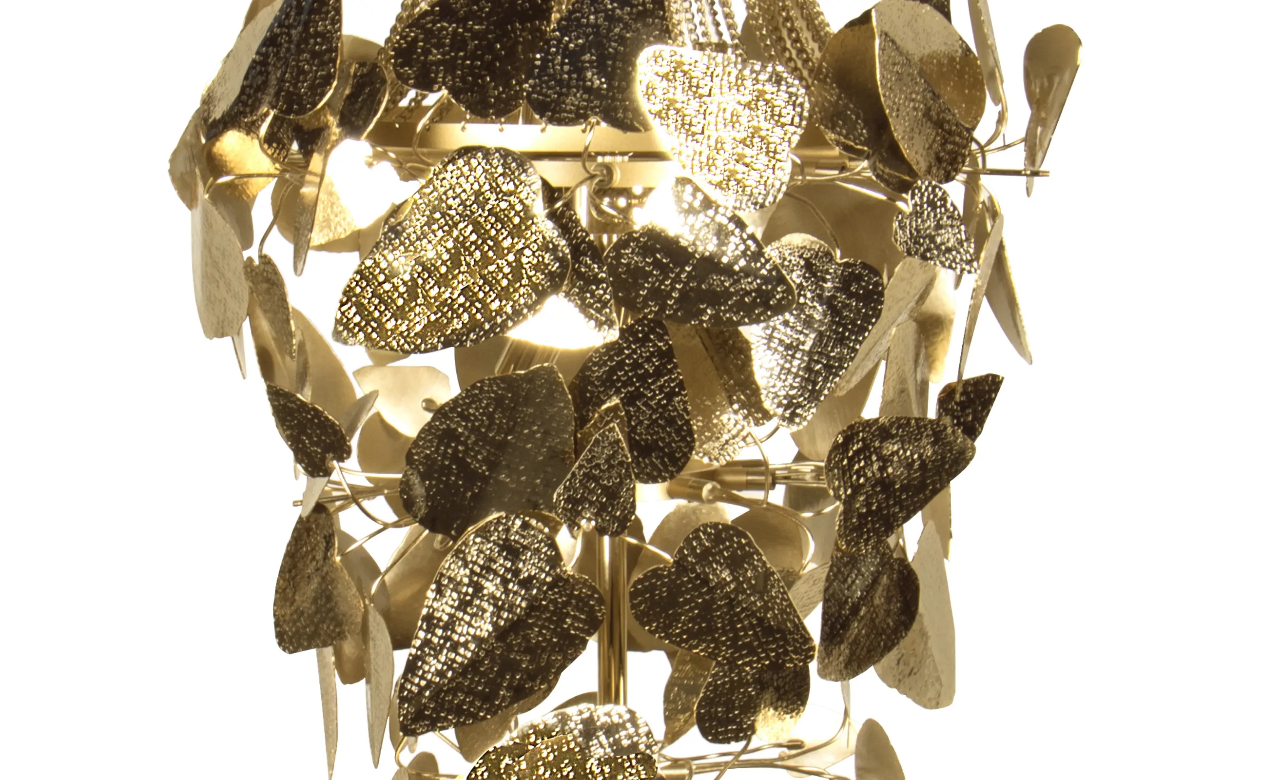 Dramatic Pendant Lamp with Hammered Brass Leaves And Crystal Accents for Bold Interior Decor