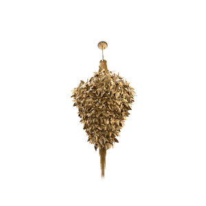 Elegant Heart-Shaped Chandelier with Cascading Golden Leaves And Textured Fringe for Artistic Home Lighting