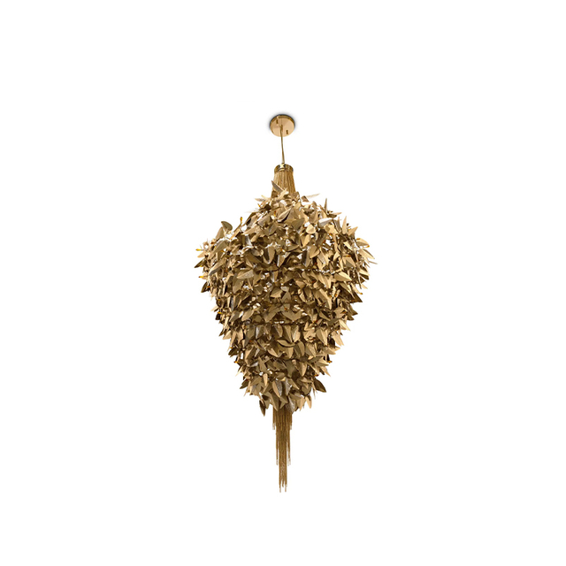 Elegant Heart-Shaped Chandelier with Cascading Golden Leaves And Textured Fringe for Artistic Home Lighting