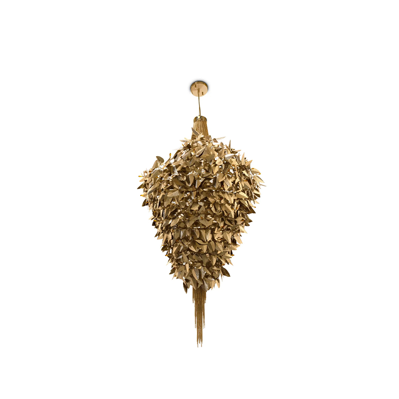 Elegant Heart-Shaped Chandelier with Cascading Golden Leaves And Textured Fringe for Artistic Home Lighting