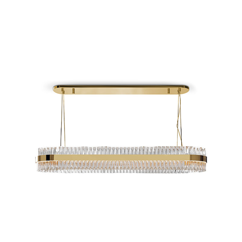 Elegant Gold And Crystal Pendant Light with Modern Layered Design, Ideal for Enhancing Style And Luxury in Dining Rooms And Contemporary Spaces