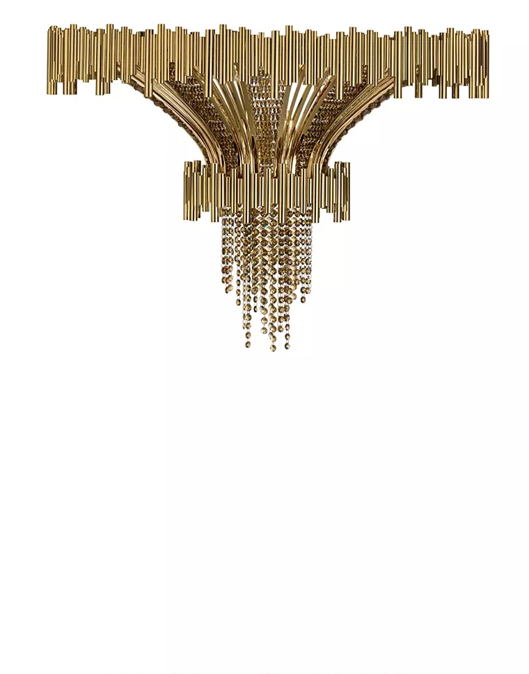 Elegant Plafond Light Fixture with Gold-Plated Brass And Gold Teak Crystals for Classic And Modern Interiors