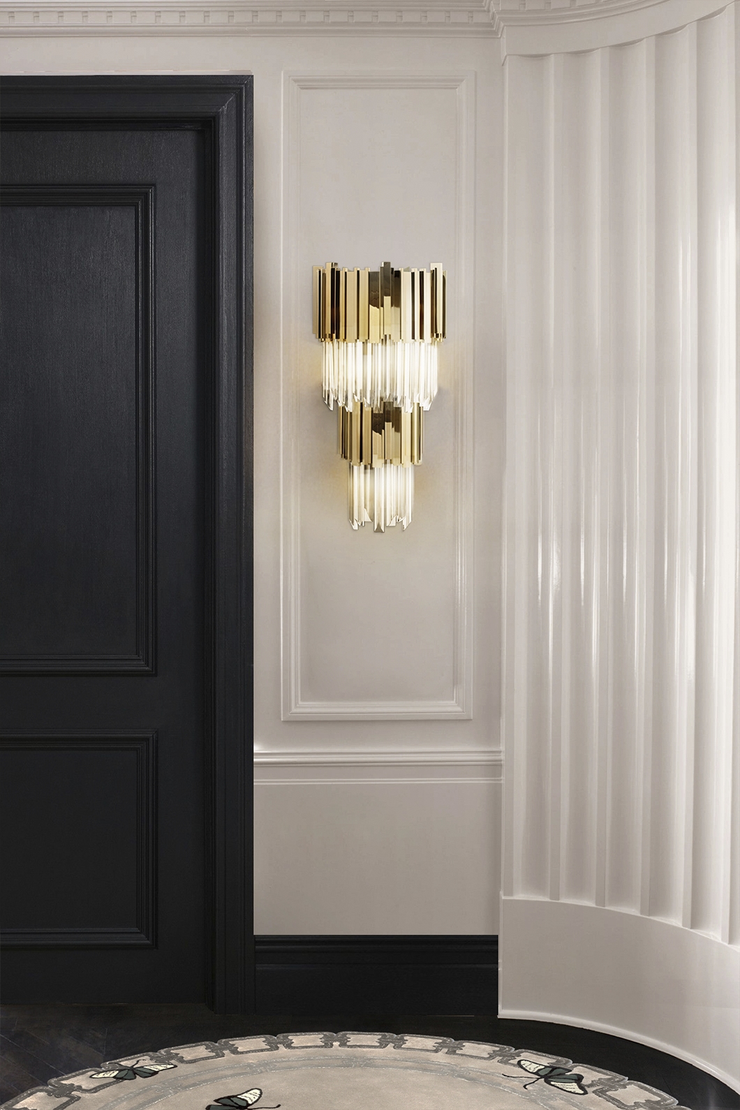 Opulent Gold And Clear Crystal Wall Lamp with Luxurious Tiered Design, Ideal for Sophisticated Ambient Lighting in Elegant Spaces