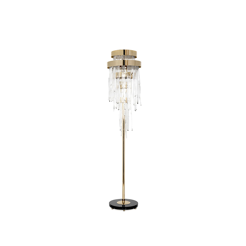 Elegant Crystal Floor Lamp with Cascading Glass Accents And Gold Base for Luxurious Home Lighting