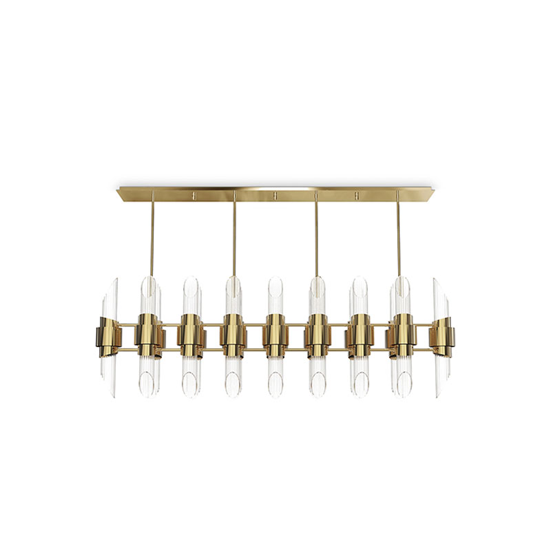 Sleek Gold And Glass Linear Pendant Light with Modern Geometric Design, Perfect for Adding A Touch of Elegance To Dining Rooms And Contemporary Interiors