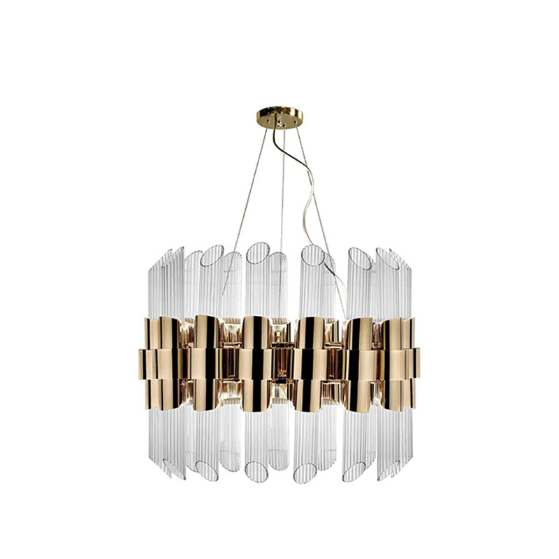 Luxurious Gold And Clear Glass Pendant Light with Modern Layered Design, Perfect for Enhancing Style in Dining Rooms And Contemporary Spaces