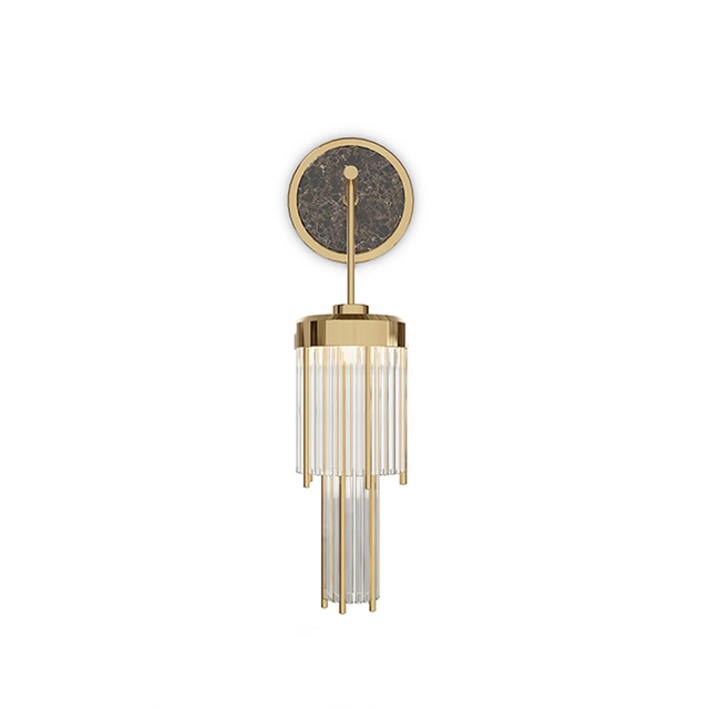Luxury Round Marble Base Wall Light with Golden Rod and Crystal Tubes